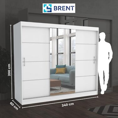 Шафа з дзеркалом шириною 240 см Windsor Tomy I Шафа для спальні з 2 рейками для одягу та полицями для одягу I Шафа Біла Біла - Дзеркало 240 см