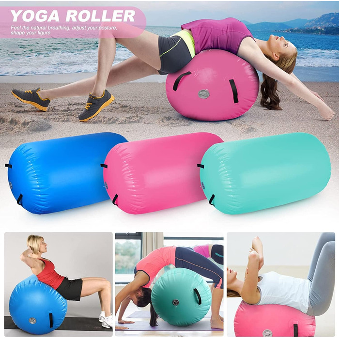 Надувний гімнастичний повітряний валик, надувні повітряні ролики, повітряний валик, гімнастичний валик, повітряна бочка для тренувань балансу, валик для йоги, колона для вправ з ПВХ циліндра для домашнього використання, 120x75 см, рожевий