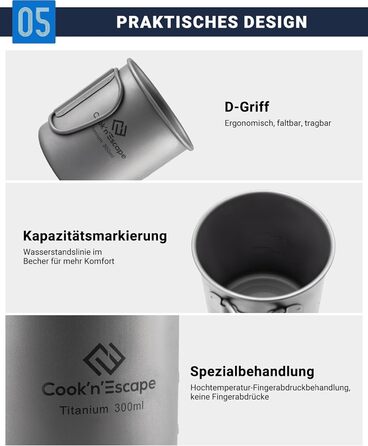 Титанова чашка COOK&39N&39ESCAPE 300 мл для кемпінгу, кухоль з відкритим вогнем, кухонне обладнання зі складними ручками для пікніка, походів на свіжому повітрі