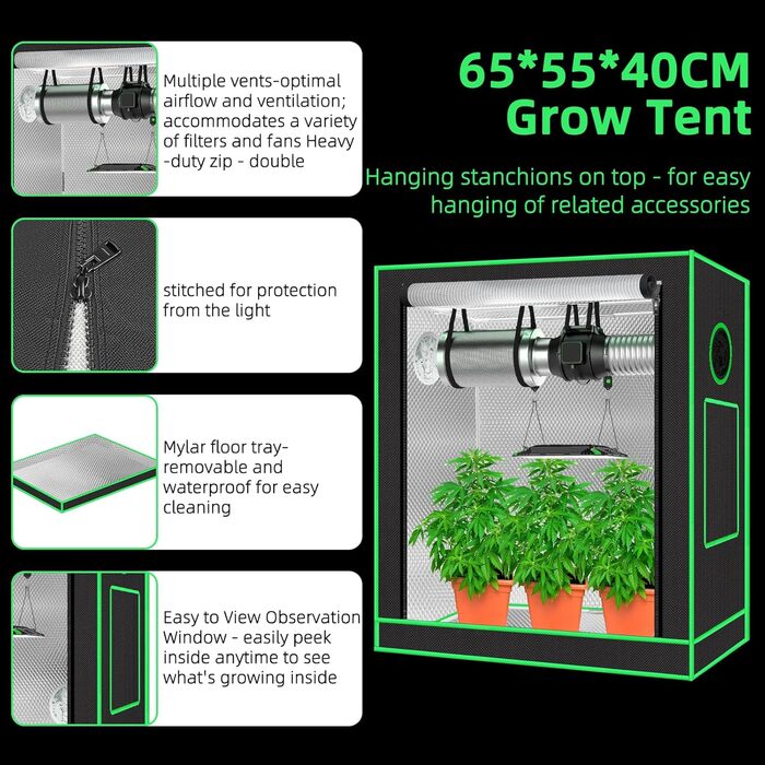 Гроубокс 55x40x65 см з оглядовим вікном, піддоном, вентиляційним отвором та виходом для кабелів (Чорний, Поліестер)