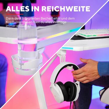 Ігровий стіл Trust Gaming GXT 709W Luminus RGB зі світлодіодним підсвічуванням, 10 режимами, живленням від USB, білий ігровий стіл з гарнітурою та підставкою для чашок, 120 x 60 см, комп&39ютерний стіл для офісу, геймерський 120 x 60 см - RGB білий