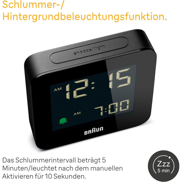 Цифровий будильник Braun з функцією повтору, негативним РК-дисплеєм, функцією швидкого налаштування, будильником Crescendo чорного кольору, модель BC09B. 1 упаковка