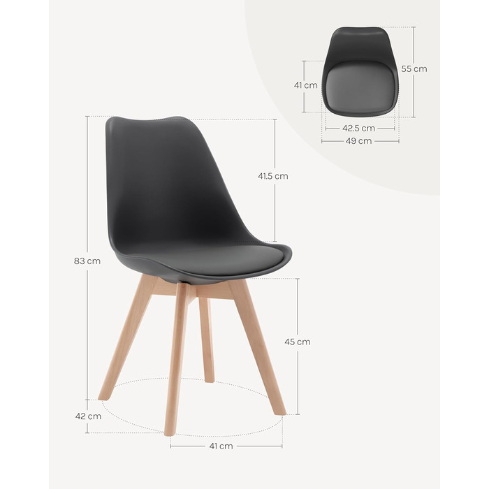 Обідні стільці WOLTU, Комплект з 4 шт. , Скандинавські кухонні стільці, Ретро-дизайн, Сидіння зі штучної шкіри, Ніжки з масиву дерева, Вантажопідйомність до 150 кг, Сірий, Комплект з 4 шт.