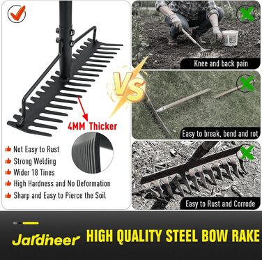 Гребінь садовий Jardineer, 150 см, металевий довгоручний граблі для щебеню, каменів, листя, вирівнювання ґрунту, ландшафтного дизайну, з 18 сталевими зубцями