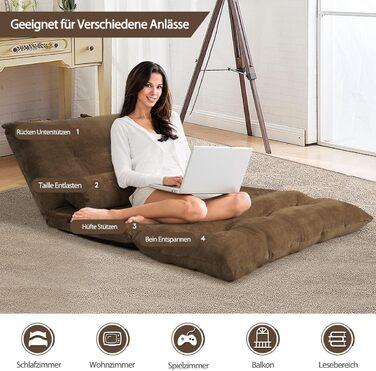 Розкладний диван-ліжко COSTWAY, розкладний, регульоване крісло з 6 положеннями, сидіння з 2 подушками, подушка на сидіння зі спинкою, м&39який розкладний диван-ліжко для спальні-вітальні (коричневий)