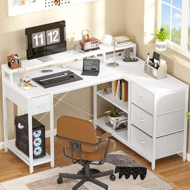 Подібний письмовий стіл із USB-портом для зарядки та розеткою, двосторонній кутовий стіл із 4 шухлядами та полицею, ігровий стіл із підставкою для монітора, 140x100 см, комп&39ютерний стіл для офісу, білий