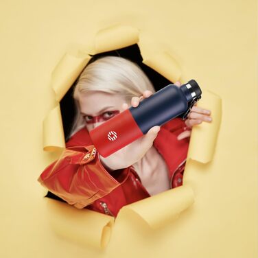 Пляшка для води FEIJIAN з нержавіючої сталі 1 л з карабіном - герметична термос для газованих напоїв, кави, чаю, без BPA, спортивна та туристична пляшка для води з газованими напоями, для університету, школи, кемпінгу, велоспорту, синьо-червона, 1000 мл