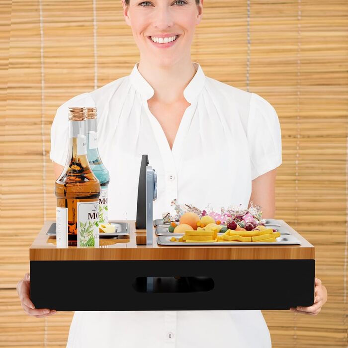 Барна стійка для дивана, органайзер для бічних/журнальних столиків, дерев&39яна барна стійка для дивана як подарунок до пива для чоловіків, піднос для дивана з чотирма мисками для закусок та кількома місцями для зберігання (чорний)