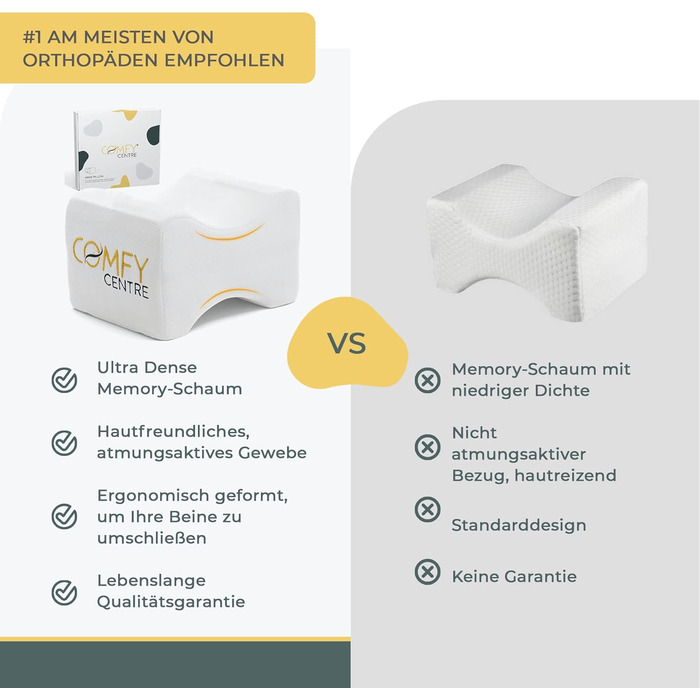 Подушка для колін COMFYCENTRE для сну на боці - Ортопедична та ергономічна подушка для ніг з піни з ефектом пам&39яті - Подушка для колін - Зручна подушка для сну Visco для ніг та колін (без ремінця) Біла без ремінця