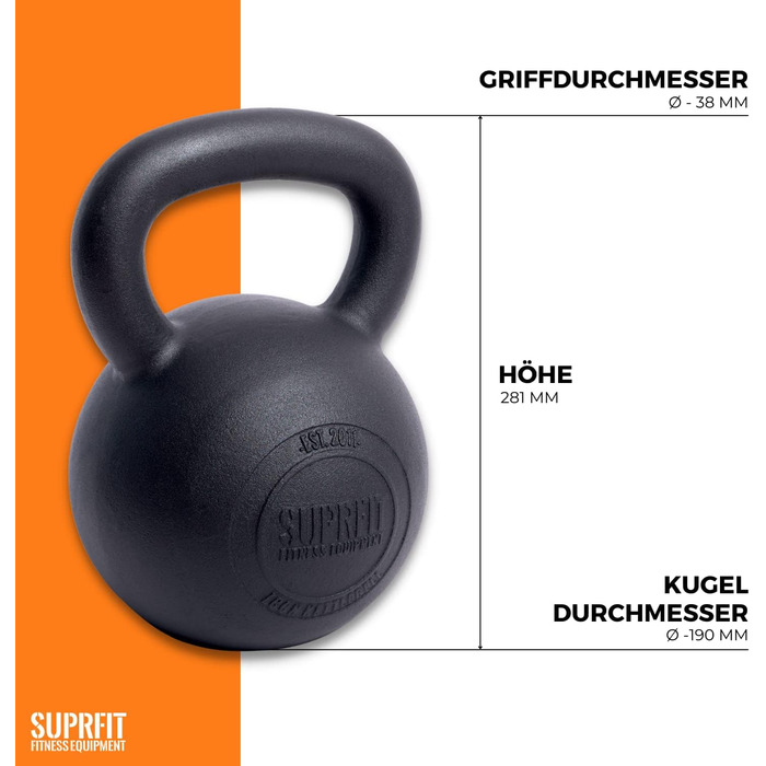 Гіря SUPRFIT Econ чавунна з порошковим покриттям для силових та крос-тренувань, ідеальна для ривків, штовхань та жимів, чорна, 32 кг