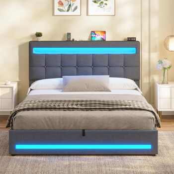 М&39яке ліжко AOGLLATI 140 x 200 зі світлодіодним освітленням та зарядною станцією, каркас ліжка з регульованим по висоті узголів&39ям та місцем для зберігання, гідравлічне ліжко 140 x 200 см, рейкова основа, льон, без матраца, темно-сірий 140 x 200 см те
