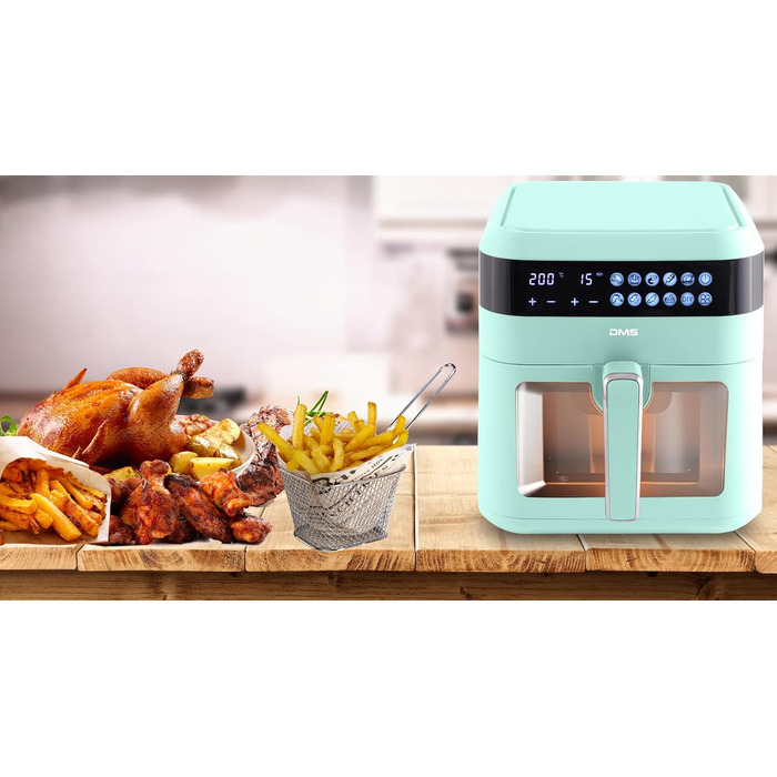 Аерофритюрниця DMS XXXL 7 літрів Фритюрниця Духова шафа Гриль з гарячим повітрям Кухонна плита Без жиру та олії включаючи 10 програм і цифровий сенсорний дисплей Таймер HFG-7 (зелений)