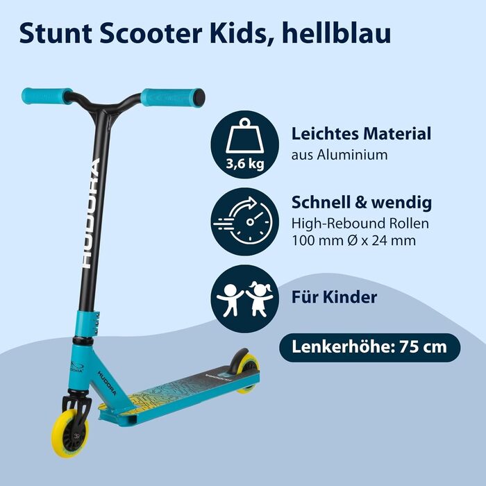 Трюковий самокат HUDORA Stuntscooter для дітей кермо 360, підшипники ABEC 9, міцний корпус, світло-блакитний, універсальний розмір