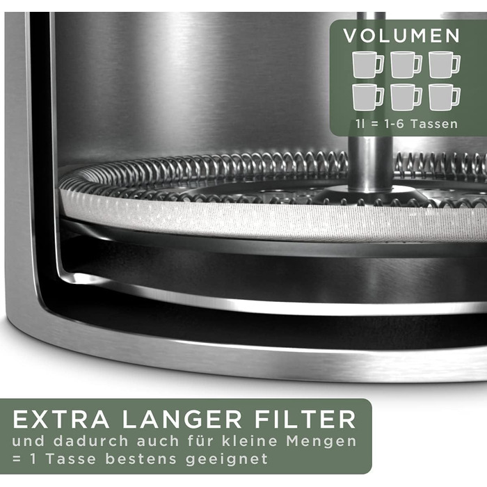 Французький прес WALDWERK (1L) - Кавоварка з нержавіючої сталі з подвійними стінками з дерев'яною ручкою з деревини дуба - Кавоварка без пластику French Press 1 л