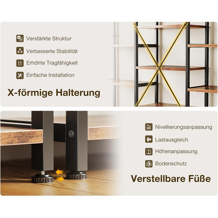 Книжкова полиця Coleshome з 14 полицями, металевий каркас, 5 ярусів, промисловий дизайн, стелаж-перегородка з місцем для зберігання, 24 x 125,6 x 145,4 см, окремостояча полиця для офісу, вітальні, спальні, кухні, коричнева, 5 ярусів