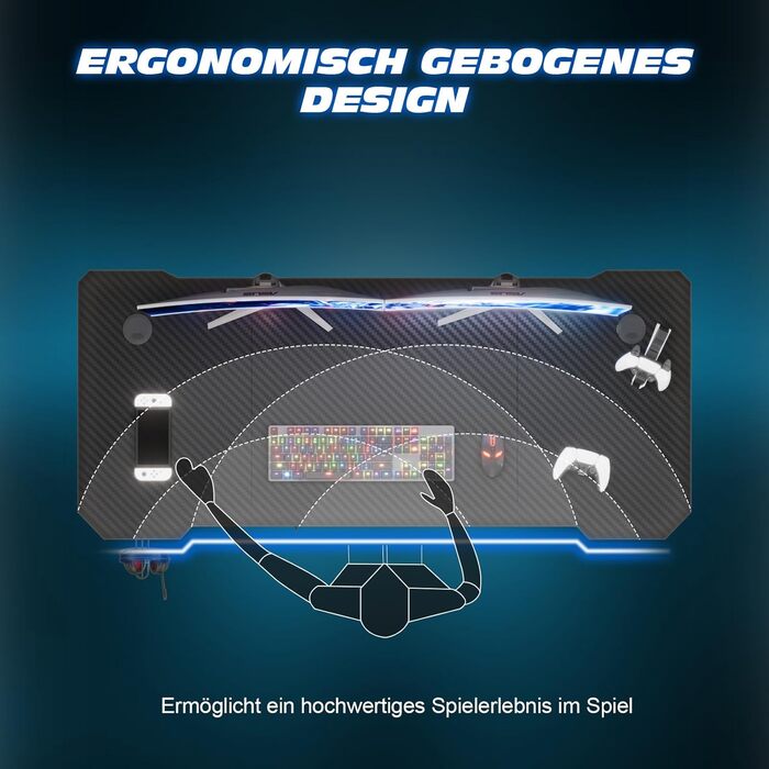 Ігровий стіл 80 x 52 см, ігровий стіл, ПК-стіл з гачком для навушників та карбоновим покриттям, ергономічний комп&39ютерний стіл, металевий каркас, карбон чорного кольору