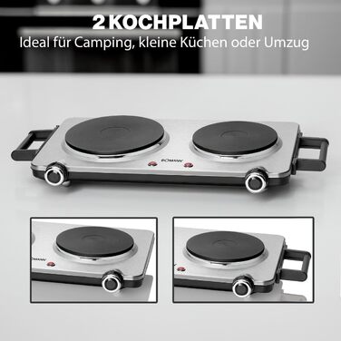 Подвійна конфорка Bomann з нержавіючої сталі Варильна поверхня з 2 варильними поверхнями 2500 Вт електрична варильна поверхня з ручками Cool Touch Варильні поверхні із захистом від перегріву DKP 5033 CB Одномісний