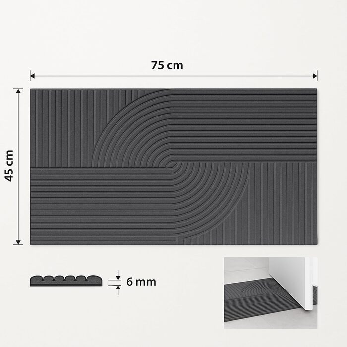 Килимок Entrando з текстурованим хвилястим дизайном - 45x75 см - нековзний, міцний, легко чиститься - ідеально підходить для вхідних дверей або коридору (антрацит)