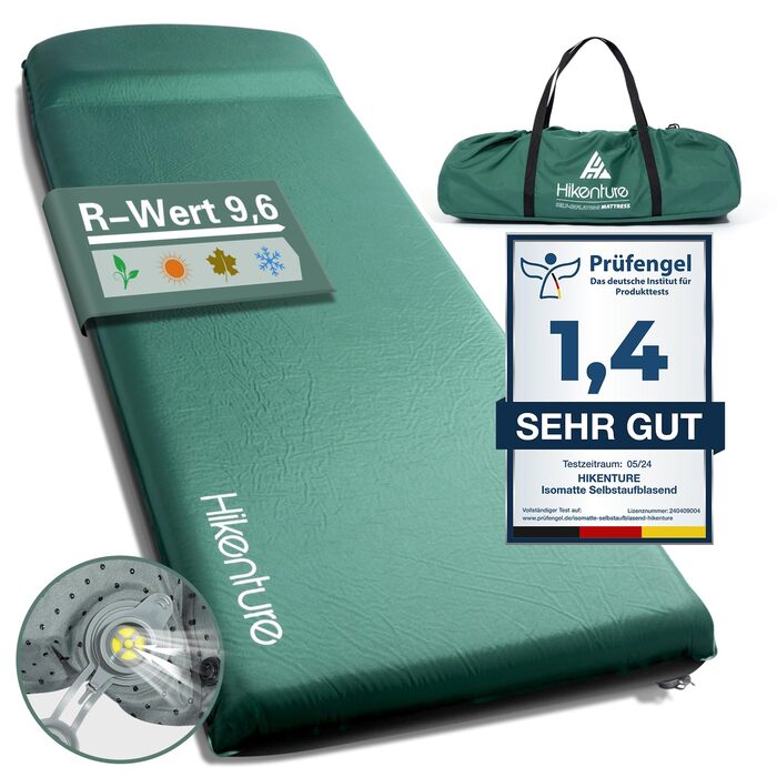 Самонадувальний килимок для сну HIKENTURE, пінопластовий кемпінговий матрац товщиною 8 см, самонадувальний повітряний матрац, зручний килимок для сну для використання на свіжому повітрі, намет, походи, темно-зелений