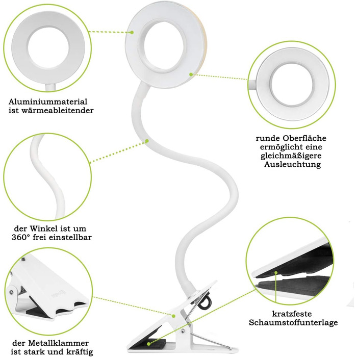 Письмовий стіл CeSunlight 10W Clamp Lamp, світлодіодна лампа для читання як приліжкова лампа, тепле світло, денне та біле світло 3 кольори, 10 режимів освітлення з регулюванням яскравості (адаптер у комплекті)