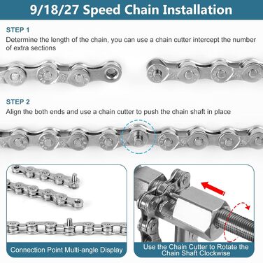 Велосипедний ланцюг LZZ, велосипедний ланцюг 9/18/27, 1/2 x 11/128 дюймів, 116 ланок, набір інструментів для велосипедного ланцюга з нержавіючої сталі з розривником ланцюга, кліщі для велосипедного ланцюга та 1 пара замків для ланцюга