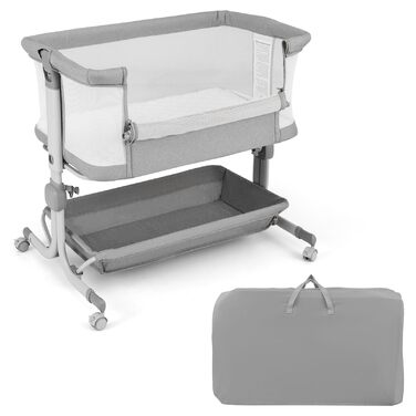 Дитяче ліжечко LIFEZEAL, 6-рівневе регулювання висоти, дитяче ліжко з матрацом та колесами, портативне дорожнє ліжечко для дітей 0-6 місяців, колиска з кошиком для зберігання (світло-сірий)