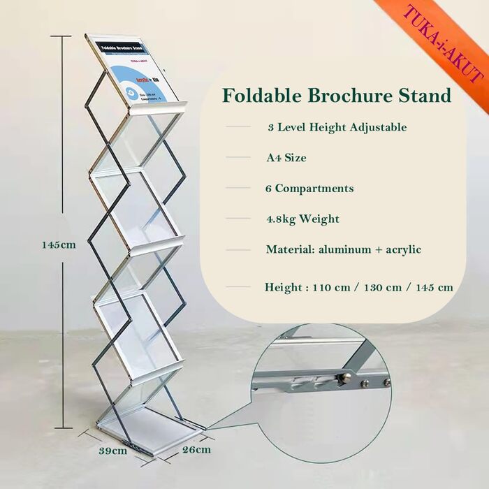 Складана підставка для брошур TUKA-i-AKUT з 6 відділеннями, формат A4, виготовлена з алюмінію/акрилу, включає сумку для перенесення, підставку для літератури, підставку для брошур на підлогу, підставку для журналів, тримач для каталогів, складаний дисплей