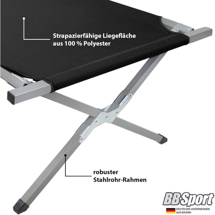 Складане похідне ліжко BB Sport 190 x 64 x 41 см, міцне, кемпінгове ліжко, вантажопідйомність 180 кг, портативне, зручне, дорожнє ліжко, сталева труба, тканина Оксфорд 600D, сумка для перенесення, гостьове ліжко, складне, чорного кольору