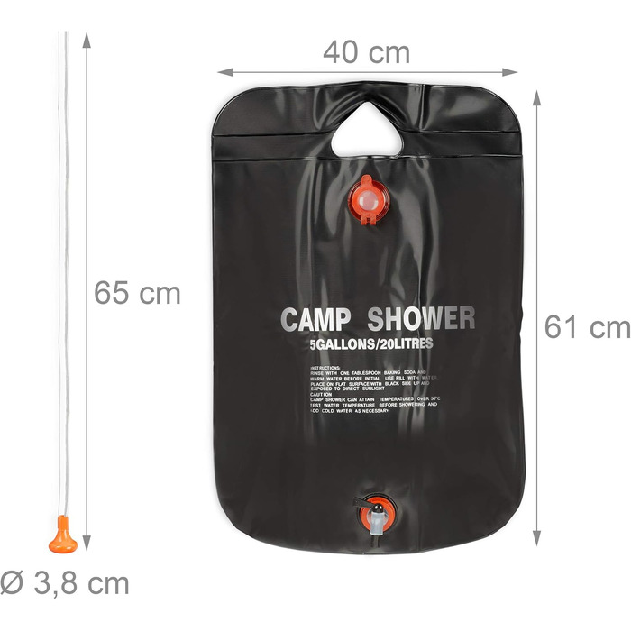 Сонячна душова кабіна Relaxdays 20 л, портативний душ для кемпінгу, підвісний, складаний, з ручним душем, чорний