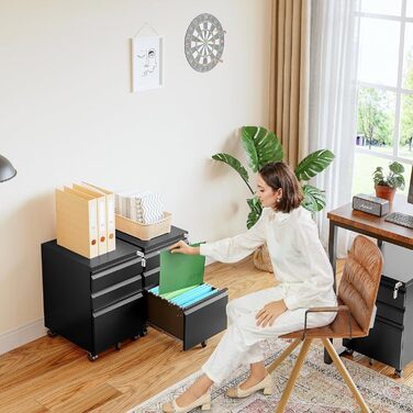 Мобільна шафа для документів, що замикається, офісна шафа, металева шафа, картотечна шафа, шафа для зберігання речей, бічна шафа, шафа з шухлядами, офісний комод для документів, 39 x 50 x 62 см, чорний, 3 шухляди