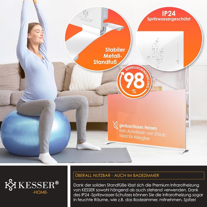 Інфрачервоний обігрівач KESSER 520 Вт, алюмінієвий обігрівач, енергозберігаючий, окремостоячий та настінний, електричний обігрівач 2-в-1 з датчиком відкритого вікна дистанційним керуванням та керуванням через додаток, термостат, інфрачервона нагрівальна п