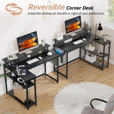 Кутовий ігровий стіл зі світлодіодним освітленням та довгою підставкою для монітора, L-подібний стіл із портом зарядки USB, розеткою та боковими кишенями, кутовий комп&39ютерний стіл для домашнього офісу, вуглецеве волокно