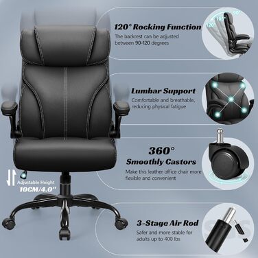 Офісне крісло FelixKing, ергономічне велике комп&39ютерне офісне крісло, крісло керівника, регульована висока спинка, відкидні підлокітники, поперекова підтримка, поворотне комп&39ютерне крісло з функцією гойдання (матовий чорний) 5066H матовий чорний