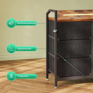 Комод ODK, шафа з шухлядами та світлодіодною стрічкою (10 регульованих кольорів), 2 розетки USB та 2 розетки змінного струму, 8 тканинних шухляд, комод для вітальні/спальні, 110*30*88 см, вінтажний