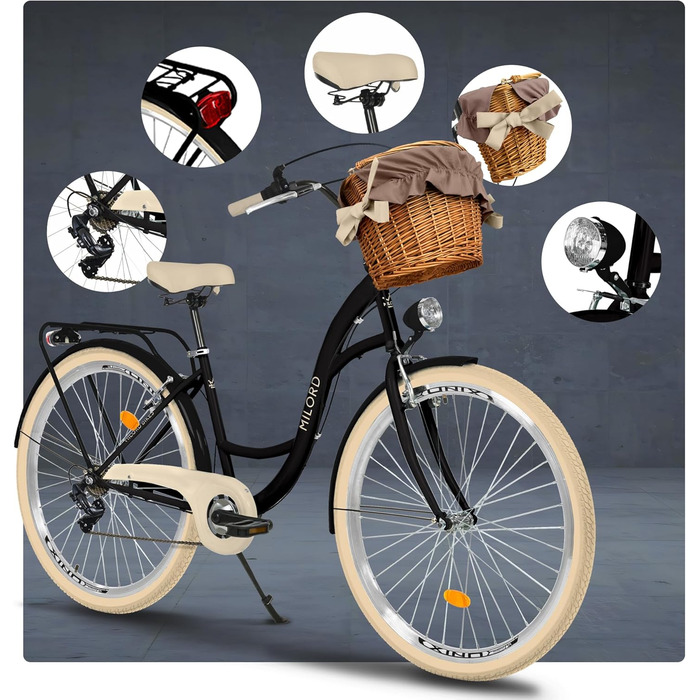 Жіночий міський велосипед MILORD Comfort з плетеним кошиком, вінтажний, голландський, 26, 28 дюймів, 7 швидкостей, чорно-кремовий, 28 дюймів