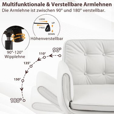 Ергономічне офісне крісло з 5-позиційними регульованими підлокітниками, робоче крісло з широкою подушкою сидіння, сидіння зі штучної шкіри зі схрещеними ніжками та функцією нахилу, обертове крісло з регулюванням висоти, білий колір