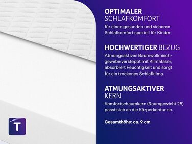 Дитячий матрац Traumnacht BT Kiddy Pure, 70 x 140 см, протестований на наявність шкідливих речовин згідно зі стандартом Oeko-Tex Standard 100, чохол, що не завдає шкоди шкірі, знімний та пральний, виготовлено відповідно до німецьких стандартів якості. Pur