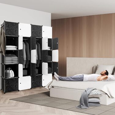 Система полиць для гардеробу HENGMEI з дверцятами, пластик ПП, для зберігання одягу та книг, самостійне складання, вставний стелаж (20 коробок з дверцятами, з 2 рейками для одягу, чорний)