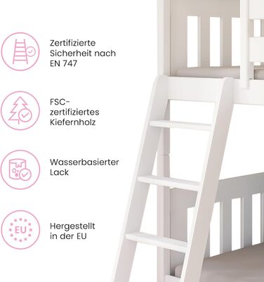 Дитяче ліжко-горище 90x200 см з поручнями та двома рейковими основами білого кольору Ліжко для дівчаток та хлопчиків Дитяче ліжко Підліткове ліжко 90x200 см Для дітей віком від 4 до 18 років 90 x 200 см (матраци не входять до комплекту) Білий