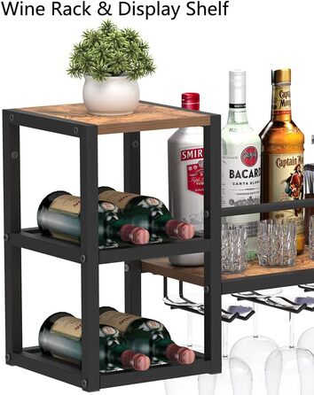 Настінна винна полиця VEDECASA промислового типу з 3 тримачами для парових келихів, часткова дерев&39яна полиця, чорний металевий тримач для пляшок, багатофункціональна винна вітрина для домашнього бару, їдальні, кухні, коричнева