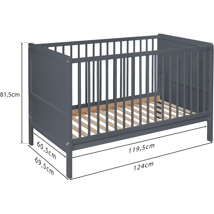 Дитяче ліжко Nelly 120x60 см Дитяче ліжко Сірий колір Бук Регульована висота у 2 напрямках 3 знімні перекладини Сертифіковано EN 716