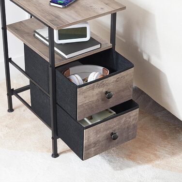 Вузький бічний столик HOOBRO із зарядною станцією, тумбочка з 2 флісовими шухлядами, компактний бічний столик, для невеликих приміщень, спалень, сіро-чорний EBG486CBZ01 сірий чорний