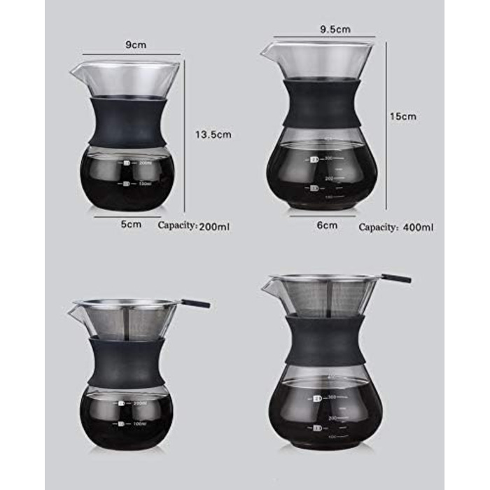 Ручний ручний фільтр для кавоварки YunNasi Pour Over Hand Coffee з нержавіючої сталі зі скляним фільтром (400 мл) чорний