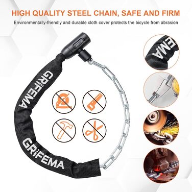Велозамок, Високий рівень безпеки, Протиугінний ланцюговий замок для велосипеда, Гартовані сталеві ланки, 7 мм x 1200 мм, Чорний, Ключовий механізм
