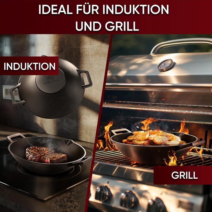 Чавунна сковорода вок Gussknig - 36 см міцна сковорода вок для газового гриля, плити, духовки та багаття - чавунна сковорода вок в