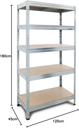 Міцний стелаж Steinbock - ВxШxГ 180 x 90 x 45 см - оцинкований - вантажопідйомність 1250 кг - безболтовий стелаж з 5 полицями - навантаження на полицю 250 кг - виготовлено в ЄС - стелаж для майстерні з оцинкованої сталі - міцний металевий стелаж типу S - 