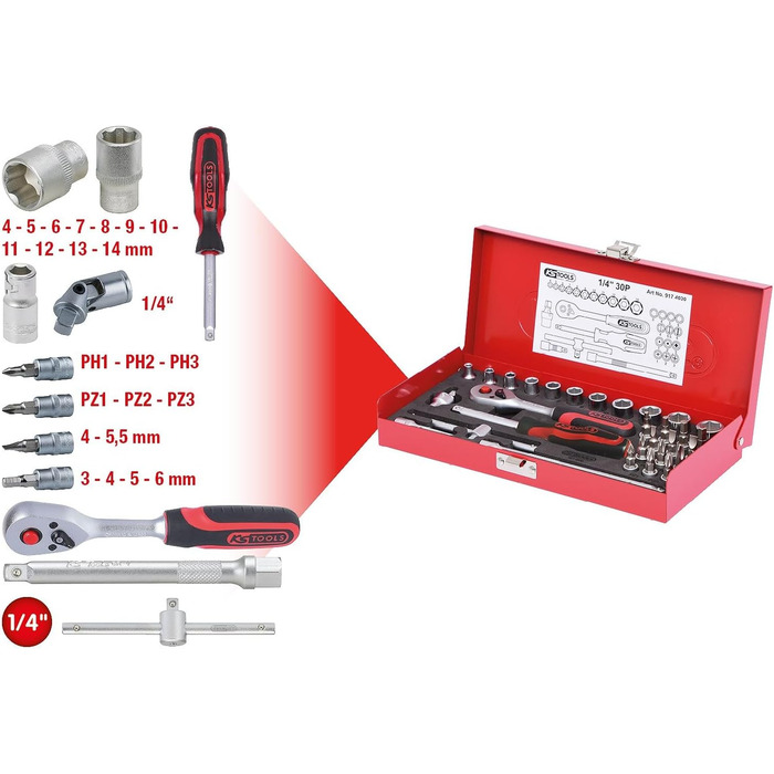 Набір торцевих головок KS Tools 917.4030, 1/4, 30 предметів, матове сатинування