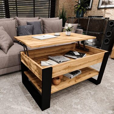 Журнальний столик з регульованою висотою та місцем для зберігання - Журнальні столики - Розкладний стіл для вітальні - Журнальний столик з регульованою висотою - Стіл для вітальні дерев&39яний коричневий Вотан/чорний.