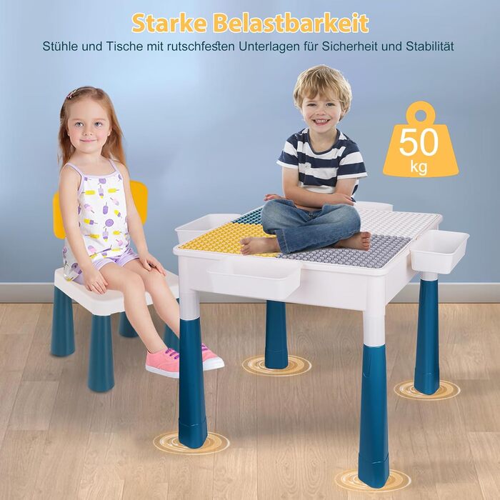 Дитячий стіл 7-в-1, комплект дитячого столу та стільця, стіл з будівельних блоків, багатофункціональний робочий стіл, розвивальна іграшка для розвитку дитини, двостороння стільниця (з 548 будівельними блоками)