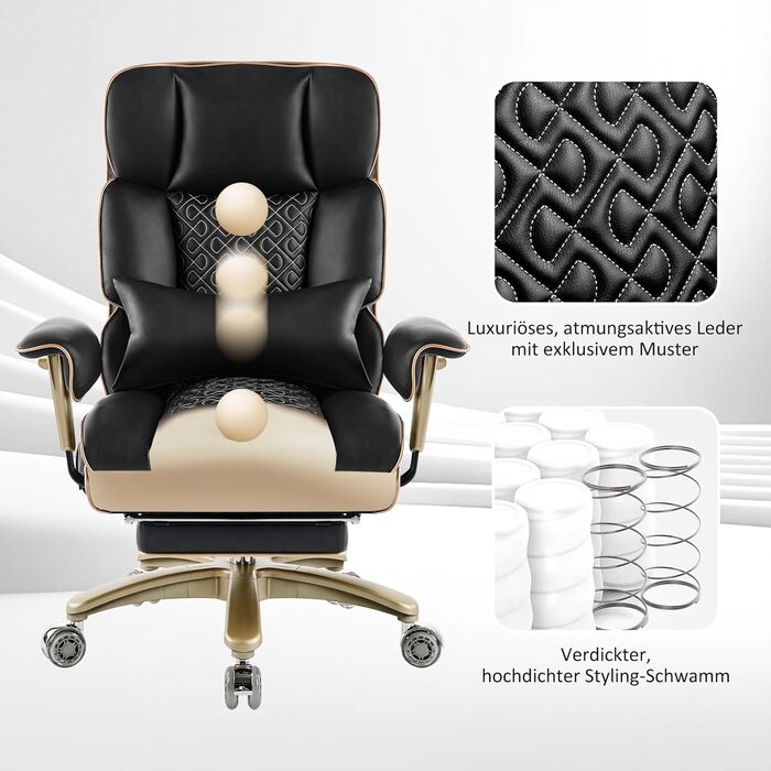 Ергономічне офісне поворотне крісло Hellove з пневматичною поперековою опорою, стілець зі штучної шкіри з підставкою для ніг, функцією нахилу та повороту, шумопоглинаючі колеса, чорний колір